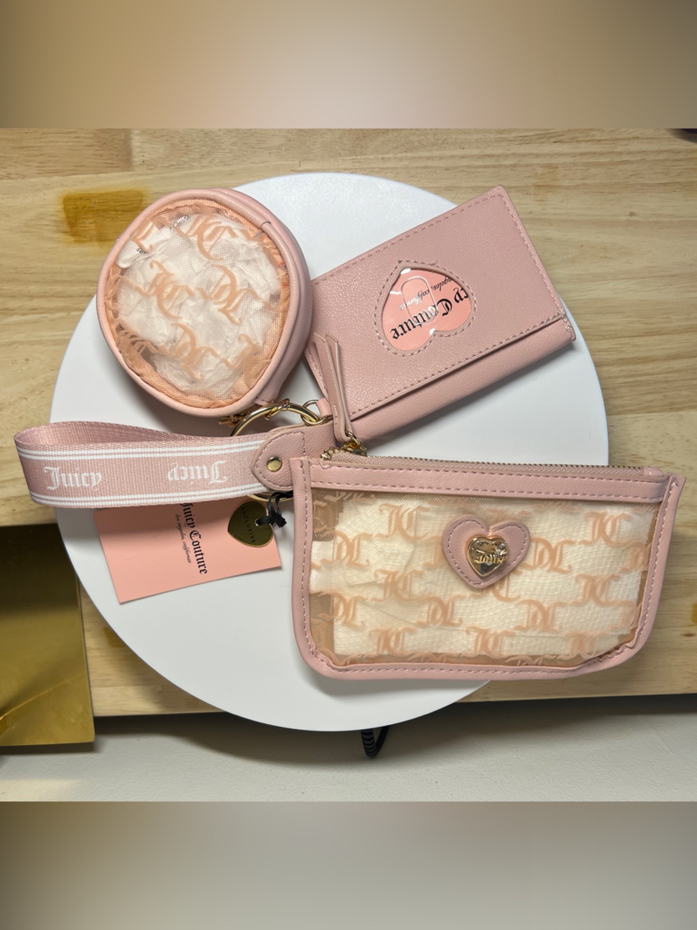 Juicy Couture Pale Pink Logo Wristlet, Card Holder & Coin Pouch Set NWT